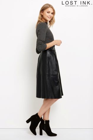 Lost Ink Leather Buckle Midi Skirt